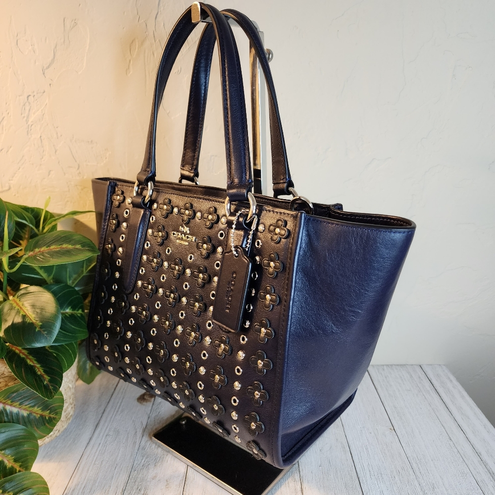 COACH Navy Mini Crosby Carryall Satchel Handbag w/Black Floral & Rivet Details - Picture 9 of 16